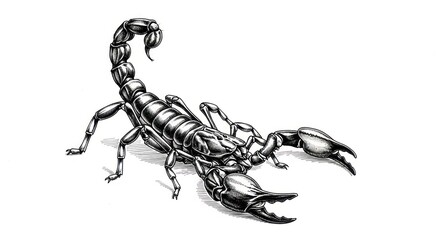 Detailed Black and White Ink Drawing of a Scorpion with Pincers and Stinger on an Isolated White Background