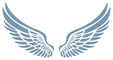 Obraz premium Two grey angel wings facing outwards against a white background representing freedom or religion and spirituality.