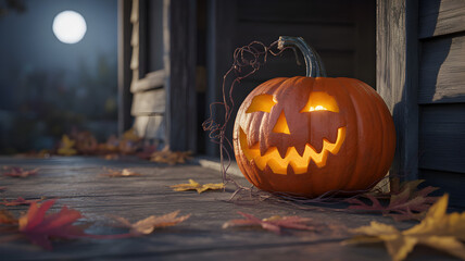 A carved halloween pumpkin with a glowing, menacing face sits on a wooden porch step at night, illuminated from within, surrounded by fallen autumn leaves under a full moon