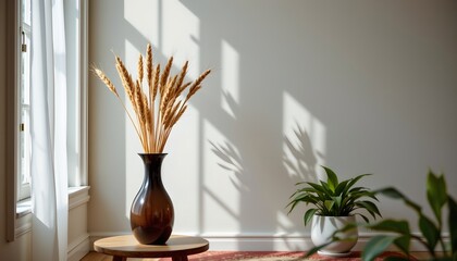 Serene Indoor Scene with Dried Wheat and Greenery