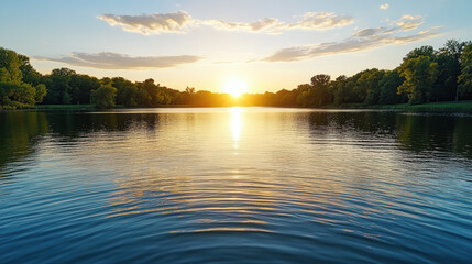 Obraz premium Golden sunrise over calm lake, reflecting trees and clouds, creating serene atmosphere