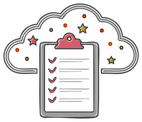Hand drawn doodle illustration of a completed checklist in a cloud representing success and goal achievement