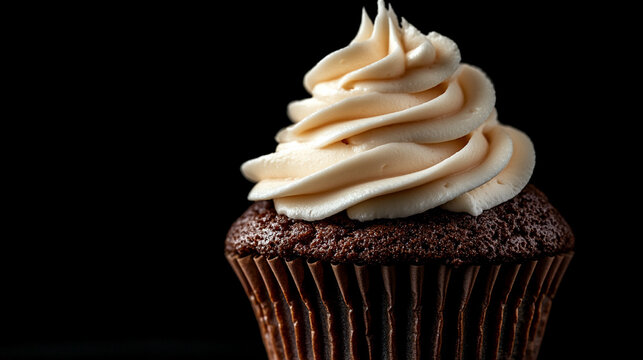 Indulge in this tempting chocolate cupcake with creamy vanilla frosting on a sleek black background, perfect for dessert lovers and bakery promotions - Powered by Adobe