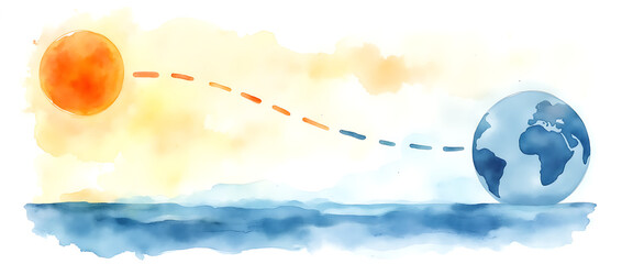 Watercolor illustration of sun and earth connected by dashed line
