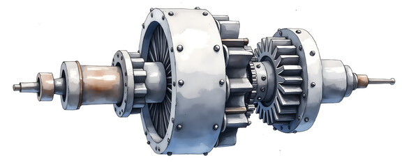 Cutaway view of a complex mechanical gearbox, isolated on white background