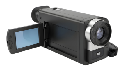 Portable black digital camcorder for recording videos, vlogging, and media production isolated PNG with Transparent Background