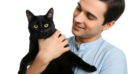 Young smiling man holding a beautiful black cat, showing pet care and animal affection isolated PNG with Transparent Background