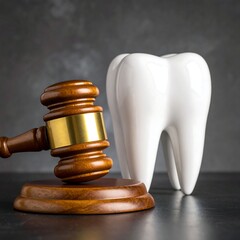 A wooden gavel rests near a large white tooth model on a dark surface