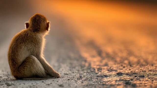 Lonely Baby Monkey Sitting on Ground Looking at Golden Sunset or Sunrise Light