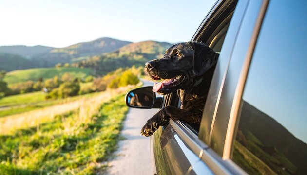 A black dog enjoys a scenic drive, head and paws out the window, with rolling hills and a sunny sky in the background