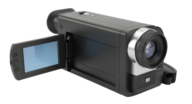 Portable black digital camcorder for recording videos, vlogging, and media production isolated PNG with Transparent Background