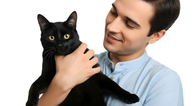 Young smiling man holding a beautiful black cat, showing pet care and animal affection isolated PNG with Transparent Background
