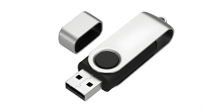 Portable silver USB flash drive for data storage and digital technology security isolated PNG with Transparent Background
