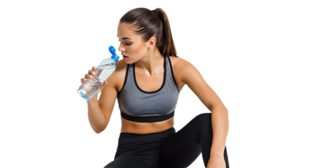 Young sporty woman drinking water after exercise session promoting health and fitness isolated PNG with Transparent Background
