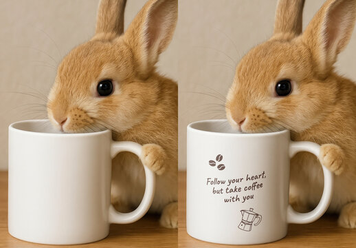 Adorable Bunny With Coffee Mug Mockup PSD