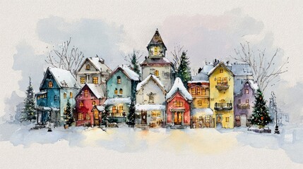 Fototapeta premium A watercolor of a Christmas village