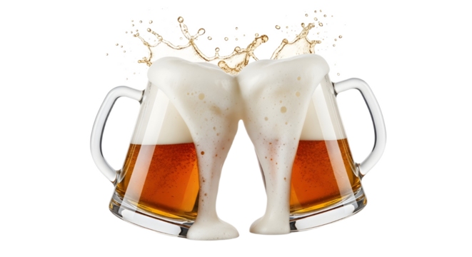Two full mugs of beer clinking together in a toast creating a dynamic splash and foam overflow. isolated PNG with Transparent Background