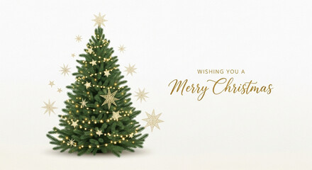 Fototapeta premium Merry christmas greeting card design with a decorated christmas tree and golden snowflakes, isolated on white background, creating a festive and elegant scene