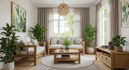Serene and inviting living room design featuring natural light comfortable seating and lush indoor plants creating a tranquil modern home oasis