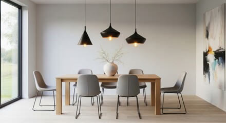 Fototapeta premium Modern dining room design featuring a wooden table and contemporary chairs with unique pendant lighting