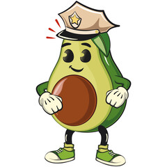 cute avocado mascot cartoon vector illustration as a policeman, healthy food concept, isolated funny fruit design for logo, kids, and nutrition themes, work of hand drawn