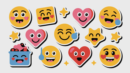 Cartoon Emoji Set Featuring Smiling Hearts, Stars, Faces, Pot of Sweets, Flat Design on Light Background