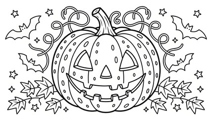A detailed black and white outline drawing of a jackolantern pumpkin with bats, stars, and leaves