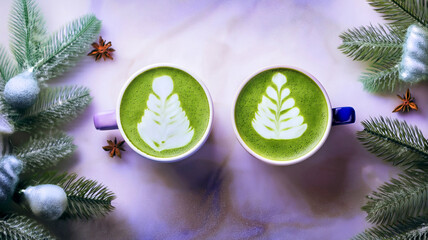 Two cup of green tea Matcha Latte art with snow, bauble  and pine branches creating cozy winter atmosphere background. Concept for holiday Christmas and New Year drinks. Generated image