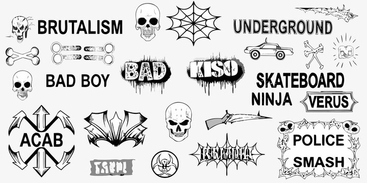 Collection of urban street art elements featuring skulls graffiti and edgy text graphics