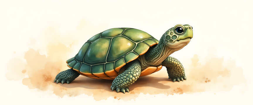A small green turtle with a patterned shell, watercolor illustration