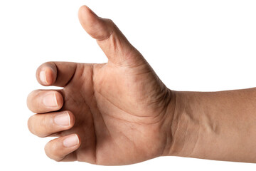 man hand holding something like a bottle on white background