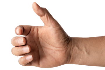 man hand holding something like a bottle on white background