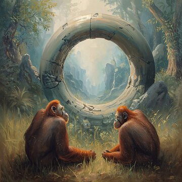 Oil Painting of Two Orangutans Gazing at a Partially Buried Alien Ring Structure in a Jungle Mist