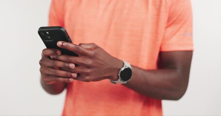 Hands, fitness and man in studio, smartphone and connection on white background. Exercise, athlete and person with cellphone, internet and digital app to track progress, typing and message to contact - Powered by Adobe