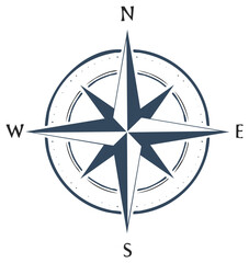 Classic compass rose vector illustration with north, south, east, and west directions. Nautical design.