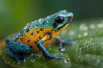 Fototapeta premium A vibrant poison dart frog clinging to a dewy leaf in a lush rainforest, water droplets sparkling on its colorful skin