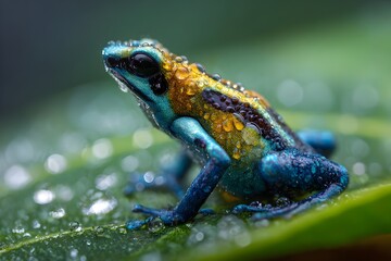 A vibrant poison dart frog clinging to a dewy leaf in a lush rainforest, water droplets sparkling on its colorful skin