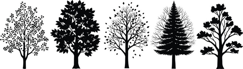 Black and white vector illustration of five different tree silhouettes with unique foliage, shapes, and botanical diversity for design use