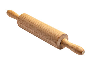 Wooden rolling pin with smooth, light wood grain and turned handles, against a stark black background
