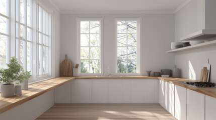 Fototapeta premium Minimalist kitchen interior with white cabinets wooden countertops and soft natural daylight through large windows