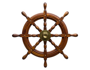Wooden ship wheel with brass center, eight spokes, against a black background