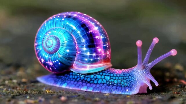 Iridescent snail with a glowing shell crawls slowly across a textured surface showcasing vibrant blue purple and pink hues with sparkling light effects in a macro nature photography shot