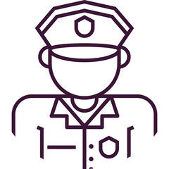 Minimalist outline icon of a police officer wearing a hat and uniform with visible badge detail and collar insignias set against a transparent background