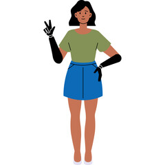 Young Woman With Prosthetic Arms Showing Peace Sign And Standing Confidently In A Blue Denim Skirt And Olive Green T Shirt Against A White Background
