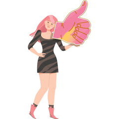 Young Woman with Pink Hair Holding a Large Pink Thumbs Up Sign with a Transparent Background and a Pixelated Style