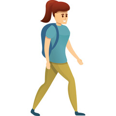 Young Woman with Red Ponytail and Backpack Walking Outdoors Wearing Blue T Shirt and Khaki Pants with Transparent Background