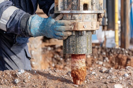 Foundation Contractor Using Pile Driver on Construction Site Close Up View of Equipment and Worker's Hands