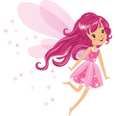 Joyful pink fairy with magenta hair and translucent wings flying with sparkling hearts and stars against a transparent background whimsical character illustration