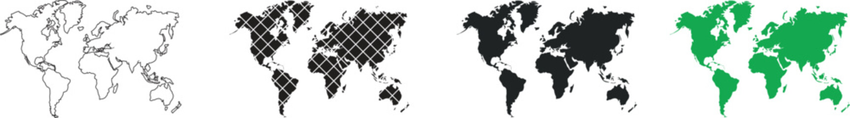 World map silhouettes in four design styles: outline, pixelated, solid black, and solid green. Global geography icons for digital, educational, or design use. Modern vector world maps.
