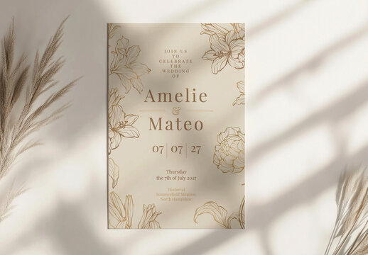 Elegant Floral Wedding Invitation Mockup PSD